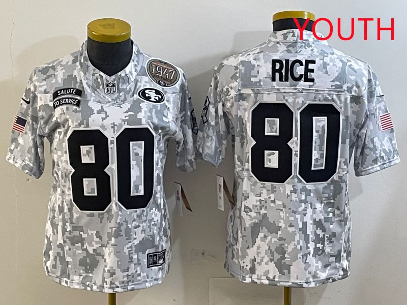 Youth San Francisco 49ers 80 Rice Nike Arctic Camo 2025 Salute to Service Limited NFL Jersey style 2